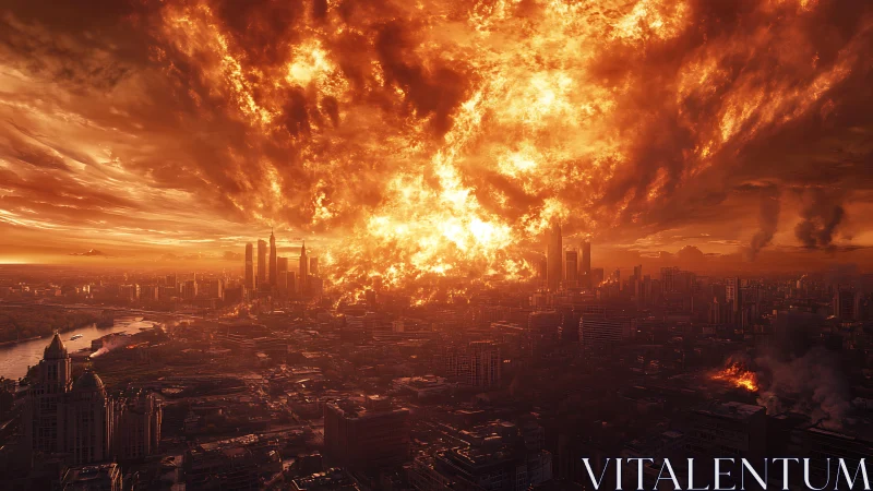 Fiery apocalyptic sky engulfing dense modern cityscape.