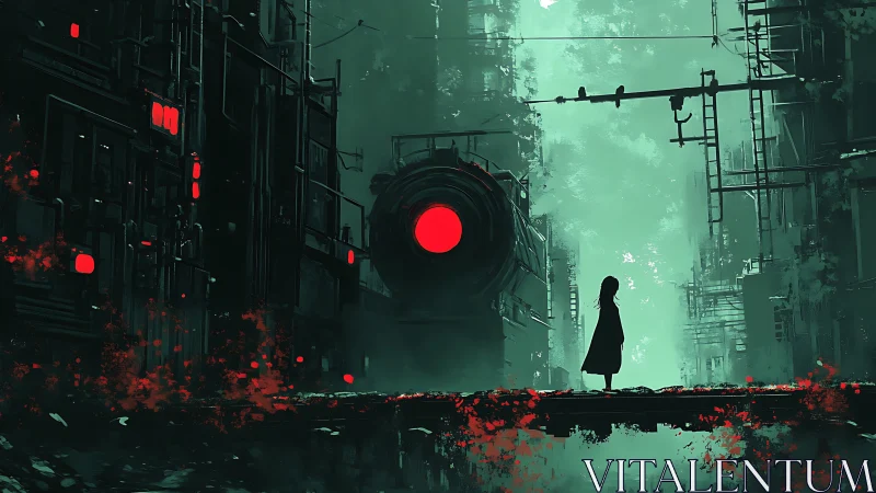 Silhouetted figure confronts red‑eyed machine in ruined city