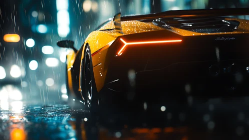 Rain-soaked supercar tail rendered with cinematic bokeh lighting