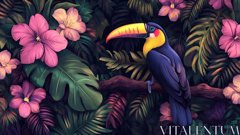 Toucan perches amid neon jungle foliage and hibiscus blooms.