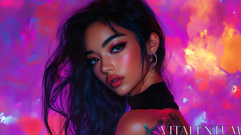 Chromatic neon portrait with iridescent skin rendering precision.