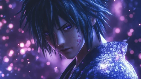 Anime portrait in violet bokeh with dramatic rim lighting.