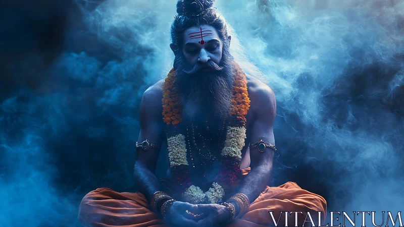 Hindu ascetic figure in meditation amid blue atmospheric smoke.