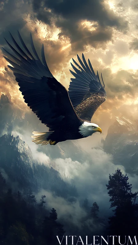 Bald eagle in strong flight above misty mountain valley.