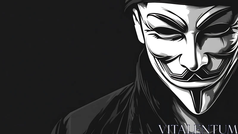 Monochrome Guy Fawkes mask portrait in vector chiaroscuro.
