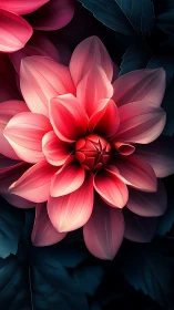 Illuminated pink dahlia with radial petal structure and dark background