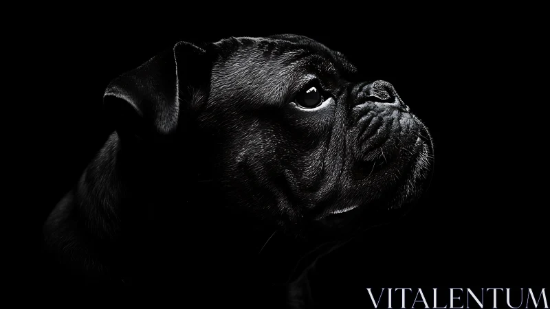 Black pug profile portrait on deep black background.