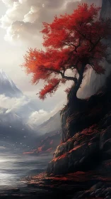 Windswept red tree crowns a sheer lakeside cliff in diffused light