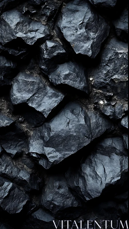 Close-up view of dark angular rock formations in layers.