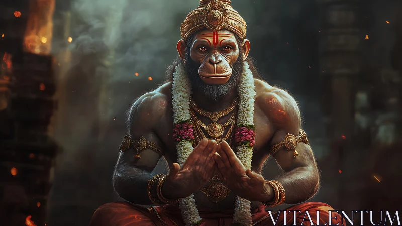 Powerful humanoid monkey deity in ornate ritual setting.