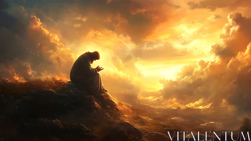 Lone robed figure in luminous storm-split skyscape at dusk.