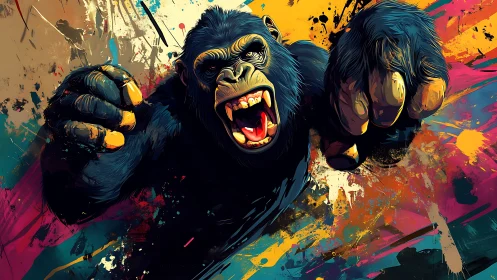 Roaring gorilla bursting through a storm of wild color.