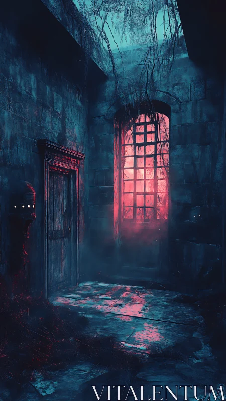 Cyan-magenta spectral corridor with decayed masonry and roots.