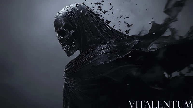 Shrouded skeletal wraith erupts through swirling black void