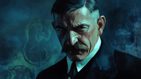 Brooding mustached man in teal shadows stares intensely.