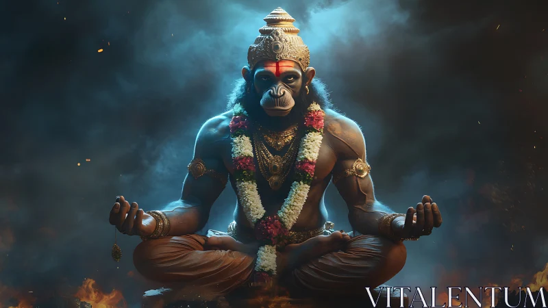 Monkey-headed deity sits cross-legged in glowing smoke