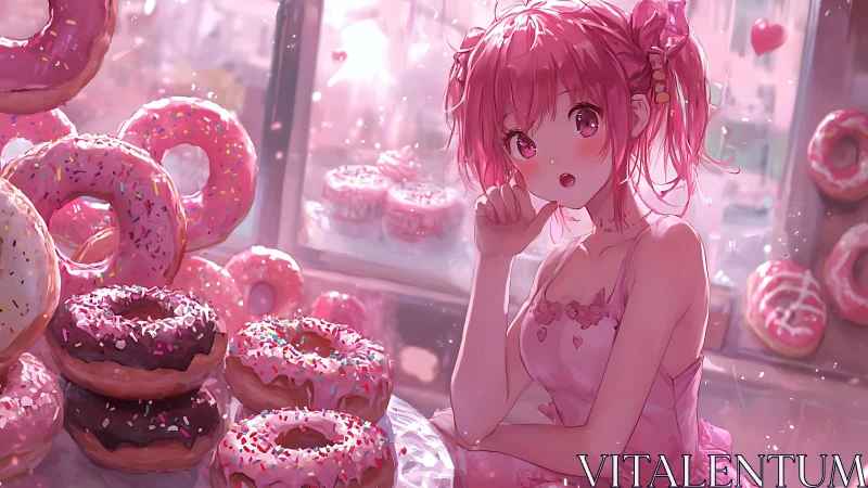 Pink-haired daydreamer in a sparkling donut daydream café.