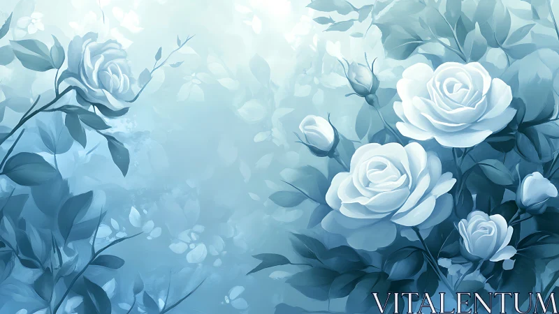 Blue-toned Digital Rose Composition with Gradient Light Diffusion and Layered Depth