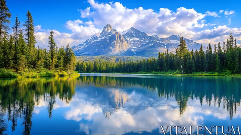 Mountain lake with conifer forest and cloud reflections.