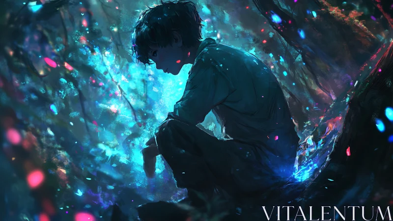 Boy sits in glowing blue forest filled with scattered lights