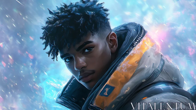 Futuristic youth gazes ahead in glowing neon aurora haze.