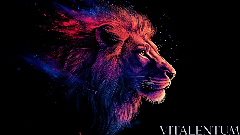 Neon lion profile bursts through cosmic dark background.