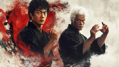 Martial arts student and mentor united in quiet strength.