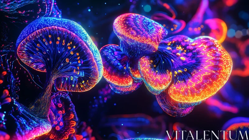 Bioluminescent neon mushrooms glow in dense cosmic forest