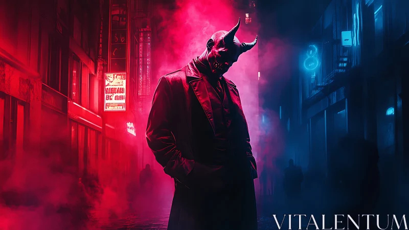 Demonic figure in neon alleyway under red blue haze.