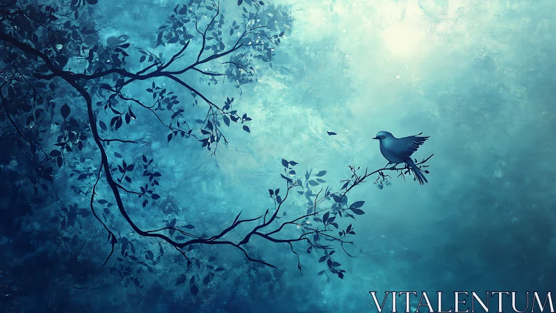 Blue Bird on Branch in Dreamy Digital Art Landscape.