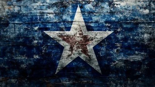 Weathered blue star emblem over distressed wood grain