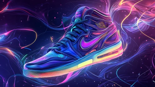 Neon gradient sneaker rendered with glossy surfaces and volumetric light