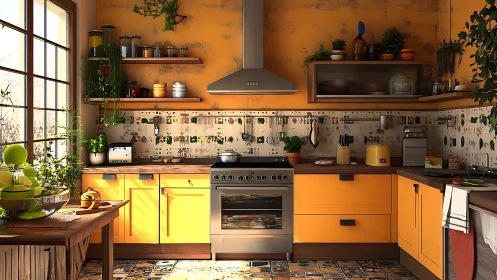 Modern kitchen interior shows yellow cabinetry and stainless range