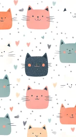 Whimsical Cat Faces Arranged in Scattered Pattern