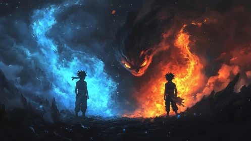 Silhouetted figures amid opposing blue and orange elemental fire.