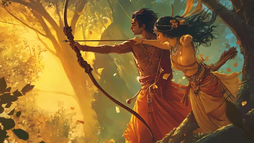 Romantic archer duo in luminous forest digital painting.