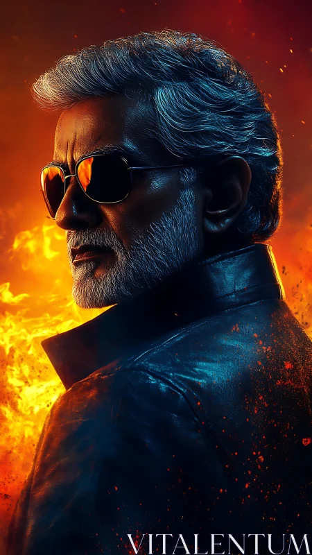 Older man in leather jacket before flames, side profile.