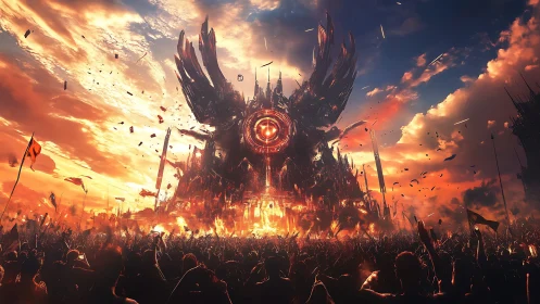 Colossal fiery mech temple rises over a fervent apocalyptic crowd