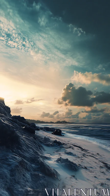 Storm-tinted coastal shoreline under dramatic sunset sky
