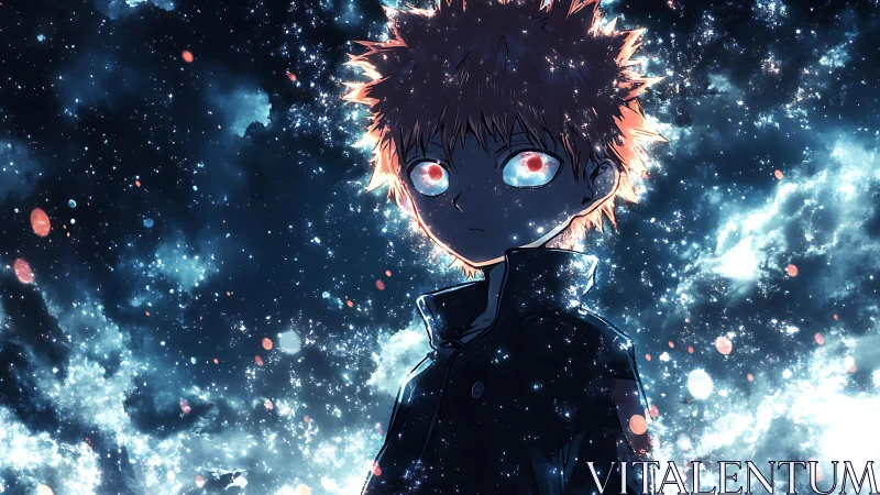 Starlit anime boy with glowing eyes in cosmic void.
