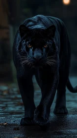 Black Panther Prowls Urban Night. Amber Eyes pierce Darkness
