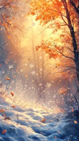 Autumn forest path meeting fresh snowfall in soft light.