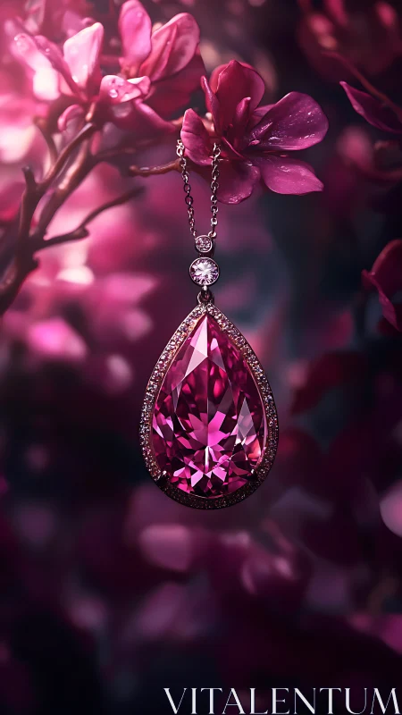 Pink teardrop gemstone pendant glows amid blooming petals.