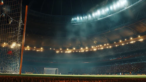 Floodlit football stadium with dynamic net-level perspective.