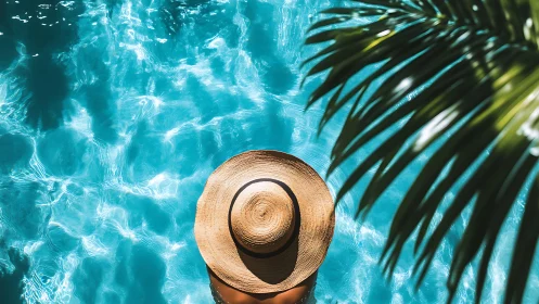 Overhead view of sunlit straw hat in turquoise pool water