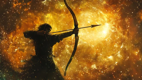 Celestial archer draws bow against incandescent cosmic vortex.