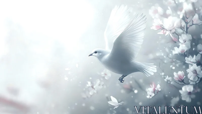 White bird in flight beside soft blooming cherry flowers.