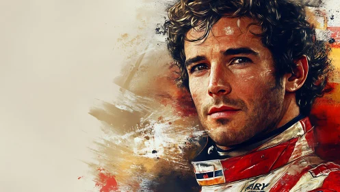 Textured digital portrait of racing driver in red suit