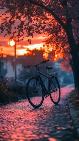 Bicycle at Sunset Under Tree Canopy.