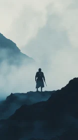 Lone warrior stands in misty mountains at daybreak.